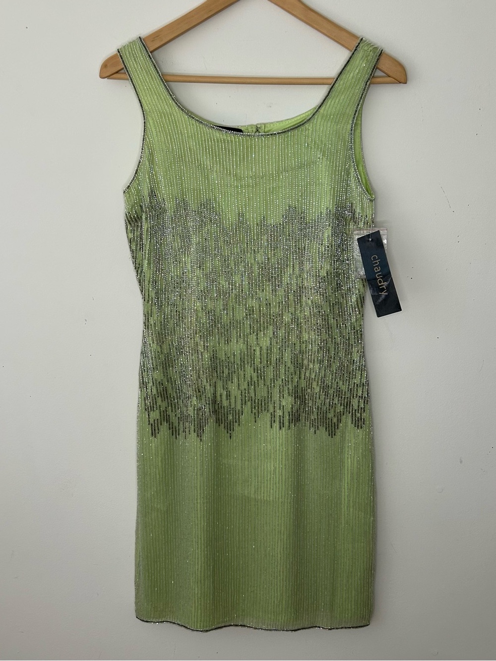 Chaudry Lime Green Beaded Sleeveless Cocktail Dress Medium